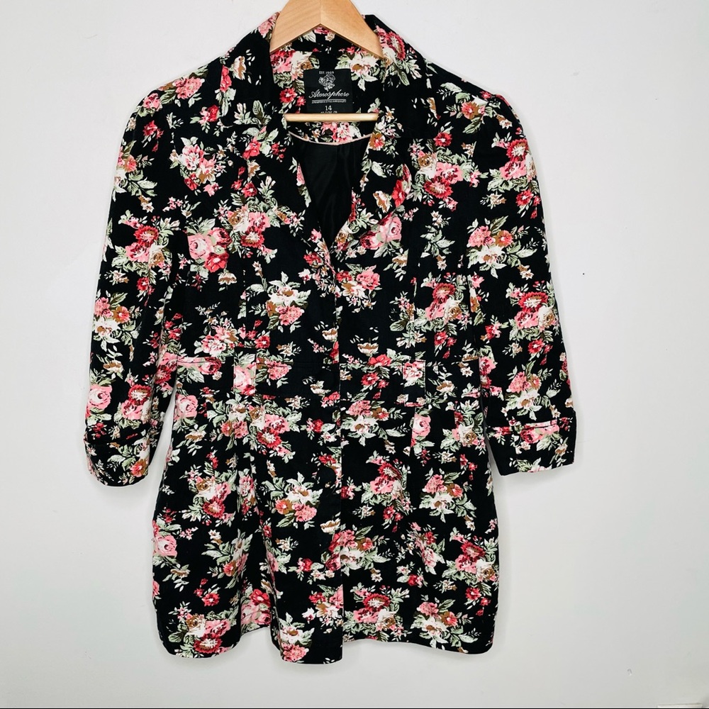 Vintage Floral Pink Retro Print Black Collared Blazer Duster Coat Jacket